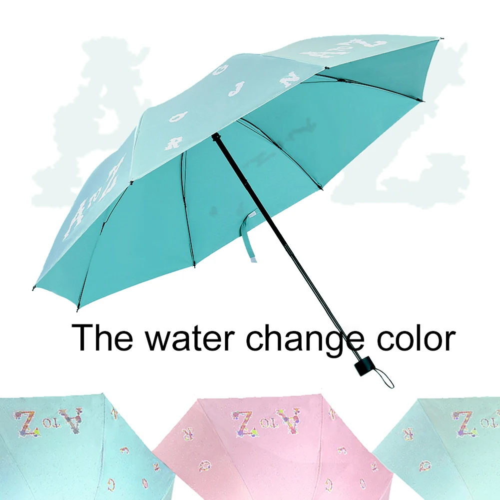 Water Color Changing Triple Folding Umbrella English Letter Rain Sun Parasol New