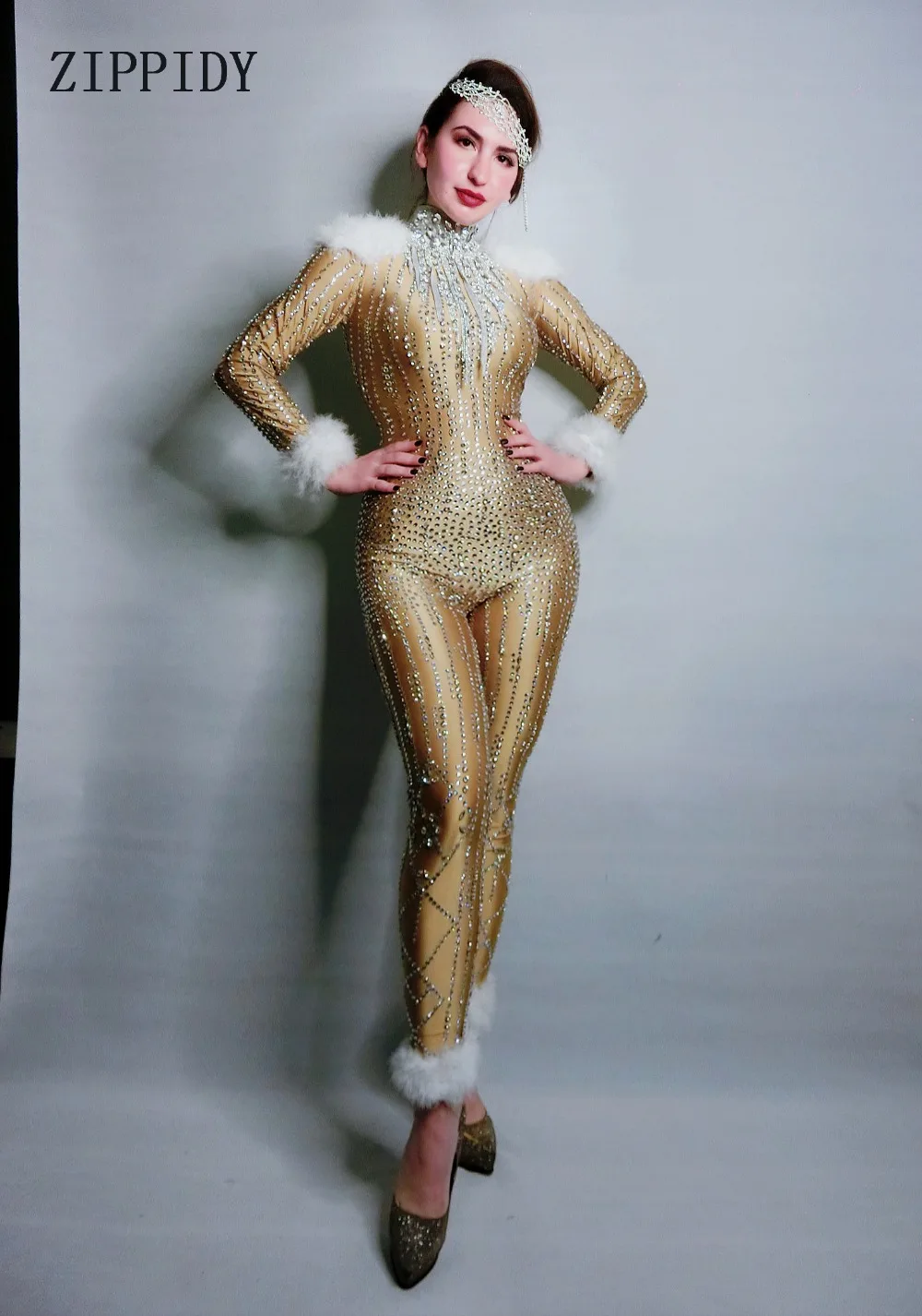 Женский эластичный комбинезон Стразы с длинными рукавами костюм для джазовых