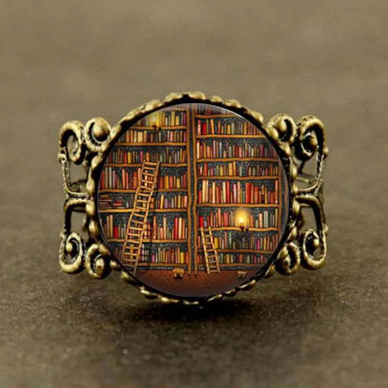 

2017 Library Book Case Ring Vintage Style Gift for Students Teachers and Librarians ,Old books