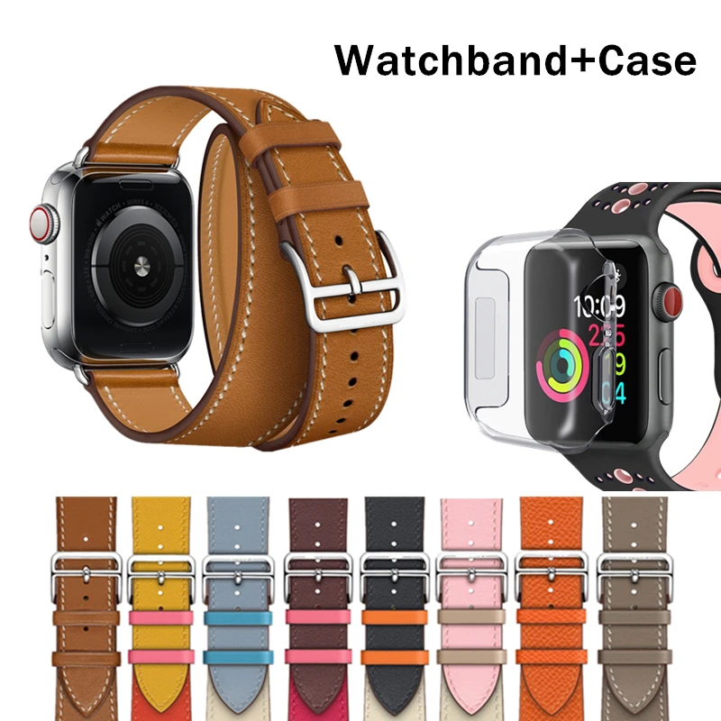 Ремешок с логотипом HERM на пряжке для Apple Watch 5, 4, 3, 2, Свифт, кожаный двойной тур, 44 мм, 40 мм, 42 мм, 38 мм, ремешок, кожаная Петля для iWatch 5, 4