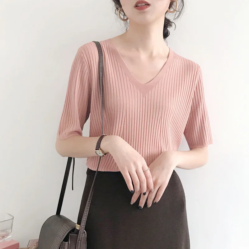 Новинка 2020 женские рубашки трикотажные летние женская одежда с V образным