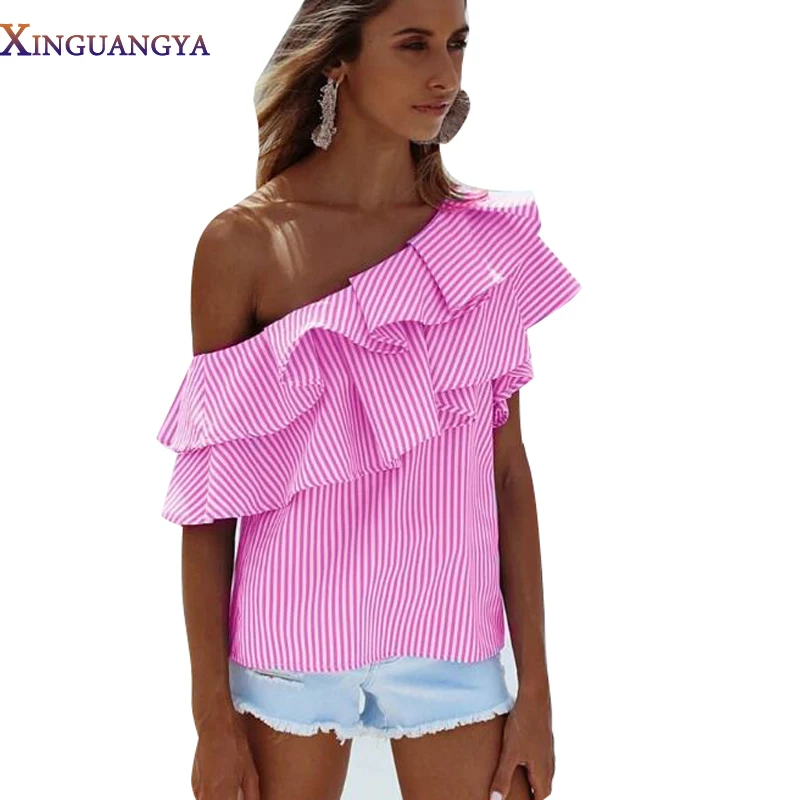 Футболка женская новый 2018 Лето рюшами Полосатый синий и розовый с плеча летняя