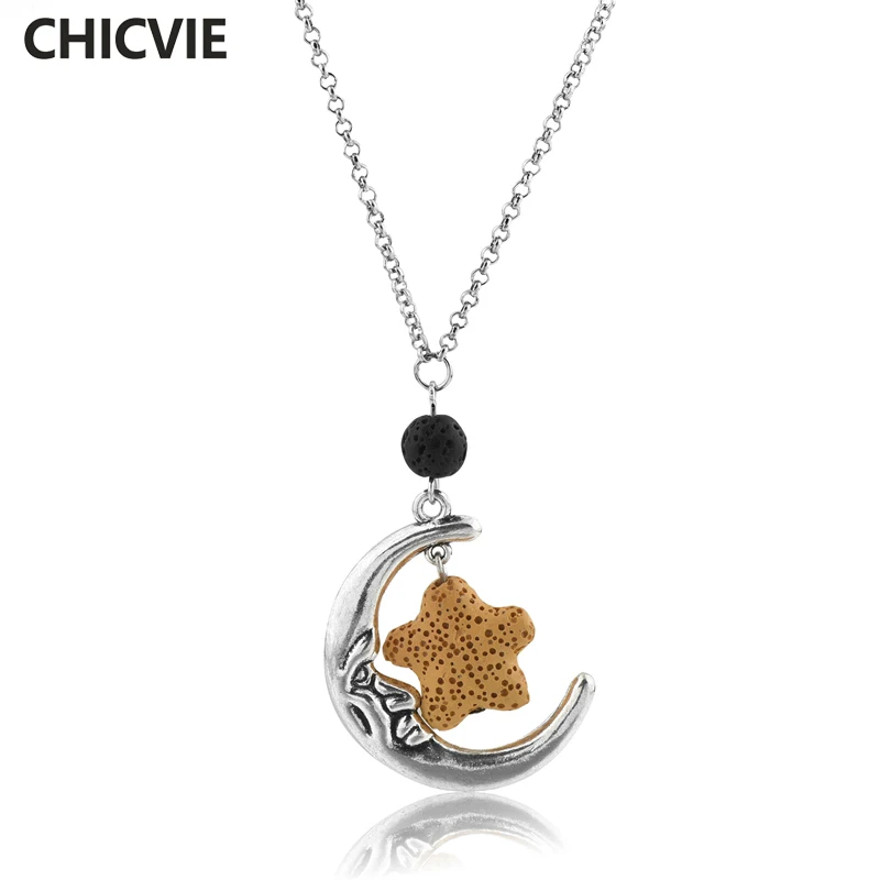 

CHICVIE Yelow Lava Stone Star&Silver Moon Necklace Pendants Stainless Steel Silver Jewelry Chain Statement Necklaces SNE180060