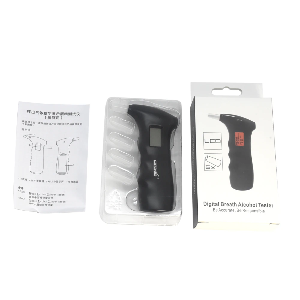 2019 hot sale greenwon 65s  handheld shape Alcohol Tester, Digital Breathalyzer with red backlights (0.19% BAC Max)