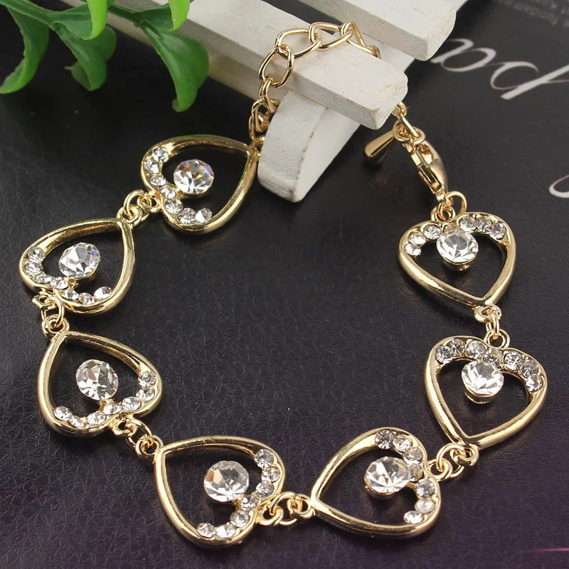 Free shipping New Women/Lady's fashion Yellow Gold Color Heart Clear Austrian Crystal Bracelets &amp Bangles Jewelry Wholesale |