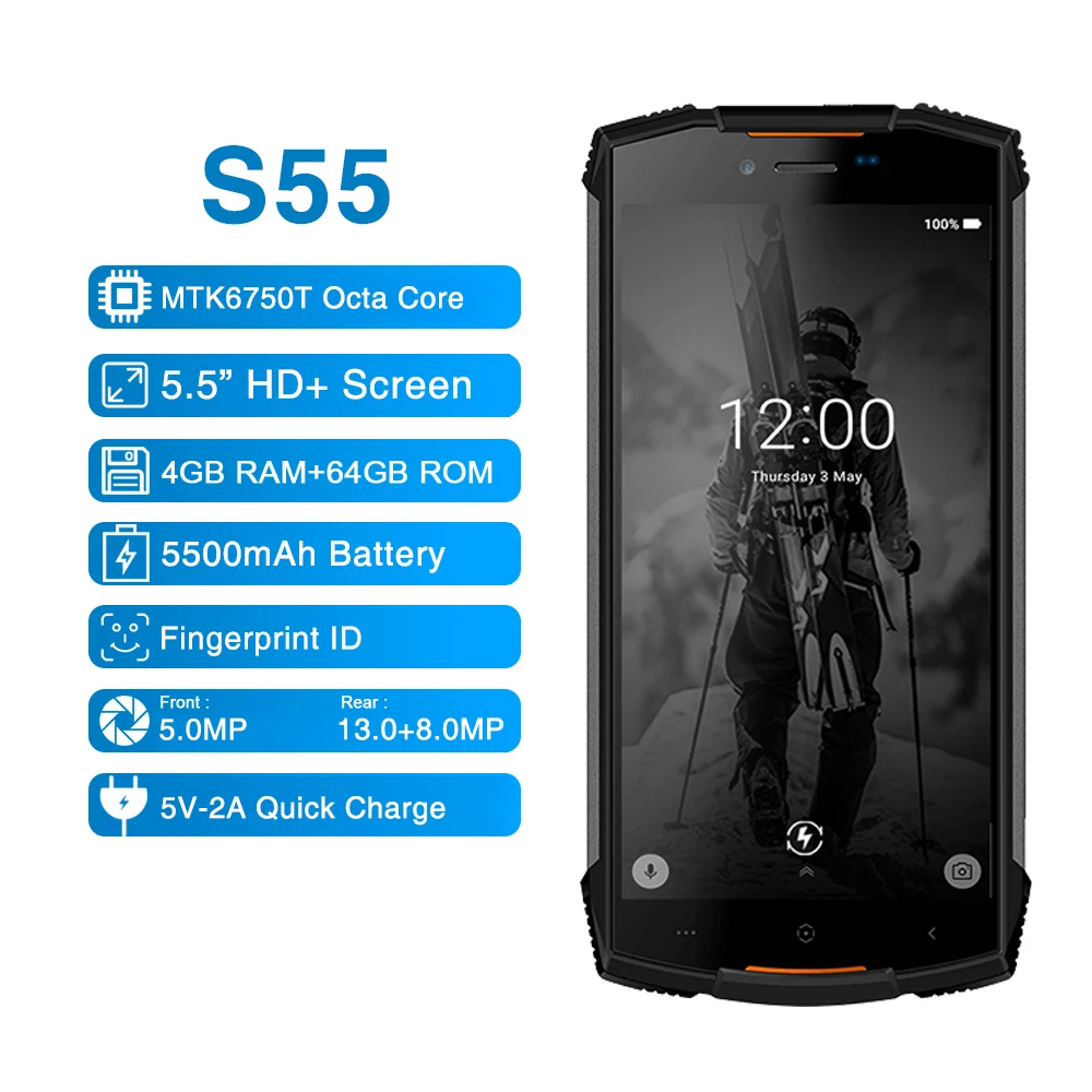 DOOGEE S55 IP68 Водонепроницаемый 5 &quotHD + MTK6750T мобильного телефона Android 8 0 Octa Core 4 GB 64 13MP 5500
