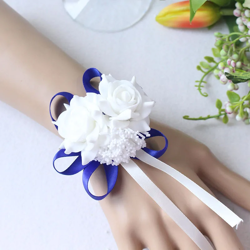 YO CHO Prom Beutiful PE розы вечерние цветы на запястье Свадебные наручные Цветы розовые подружки невесты шелковый корсаж ручной цветок для свадьбы - Цвет: deep blue