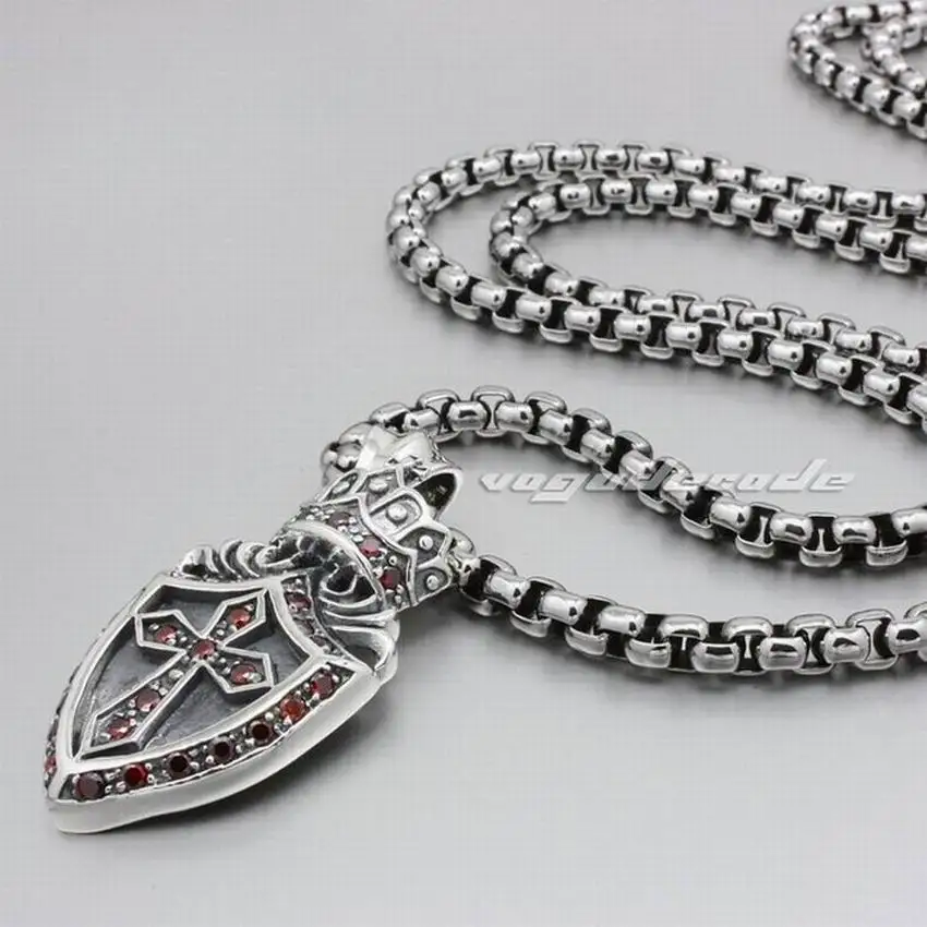 Pendant and 24 inch LINSION твердый 925 пробы Серебряная корона крест щит мужская Байкерская панк Подвеска 8N003 - Окраска металла: Pendant and 24 inch