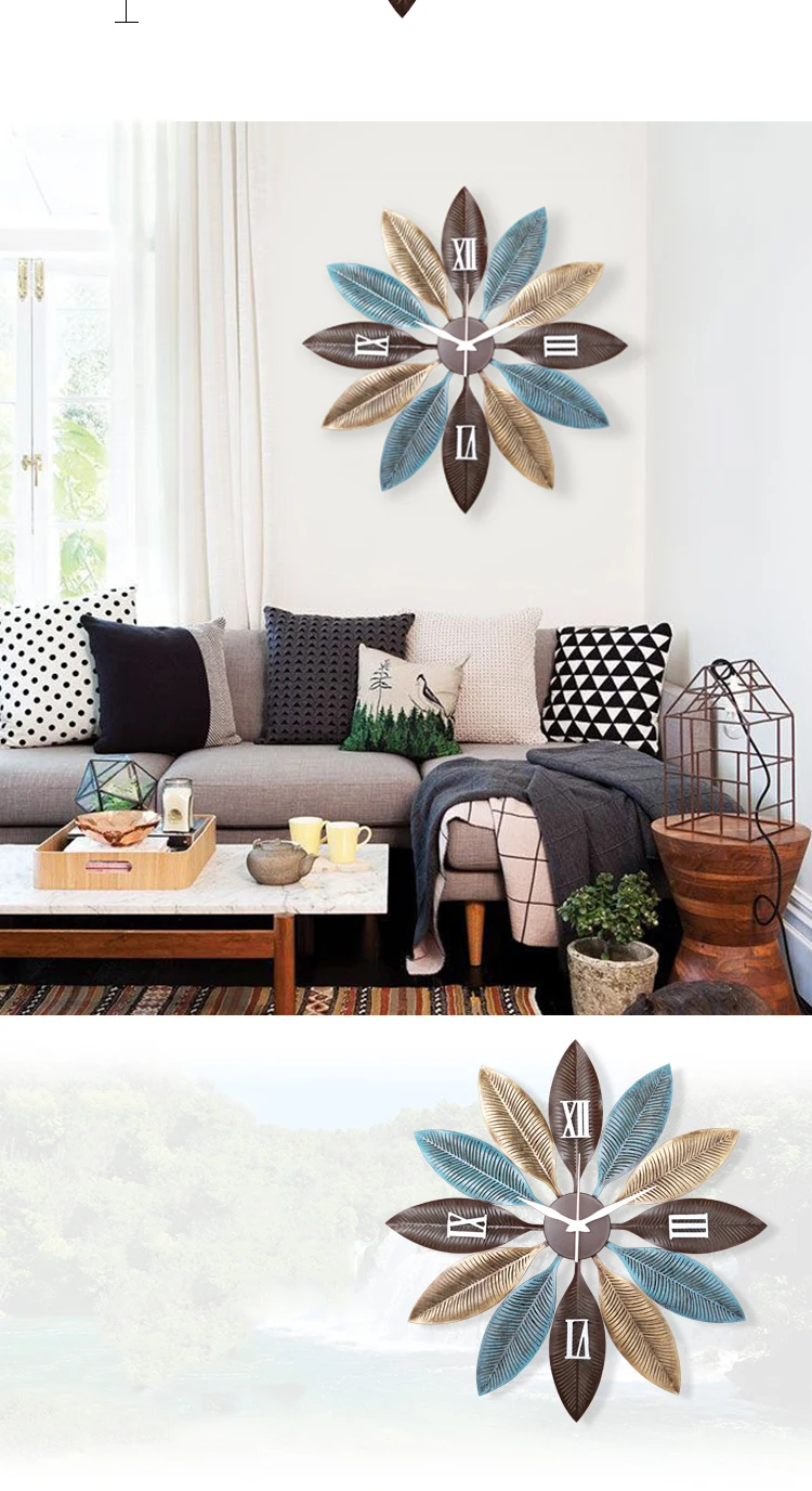 Nordic Творческий металлические настенные часы настенные подвесные украшения ремесла домашнего гостиная 3D стены Стикеры немой настенные росписи
