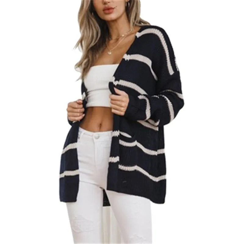 Autumn and Winter Women Sweet Fashion Striped Knit V-neck Cardigan Long Sleeve Loose Wool Sweater with Pocket |