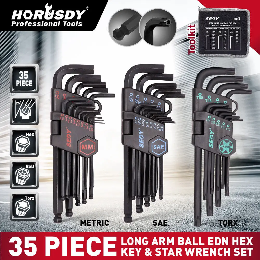 HORUSDY 35 шт. длинный шаровой гаечный ключ Набор торцевых шестигранных ключей набор универсальных ключей Набор дюймовых метрических ключей с набором инструментов для ремонта велосипеда