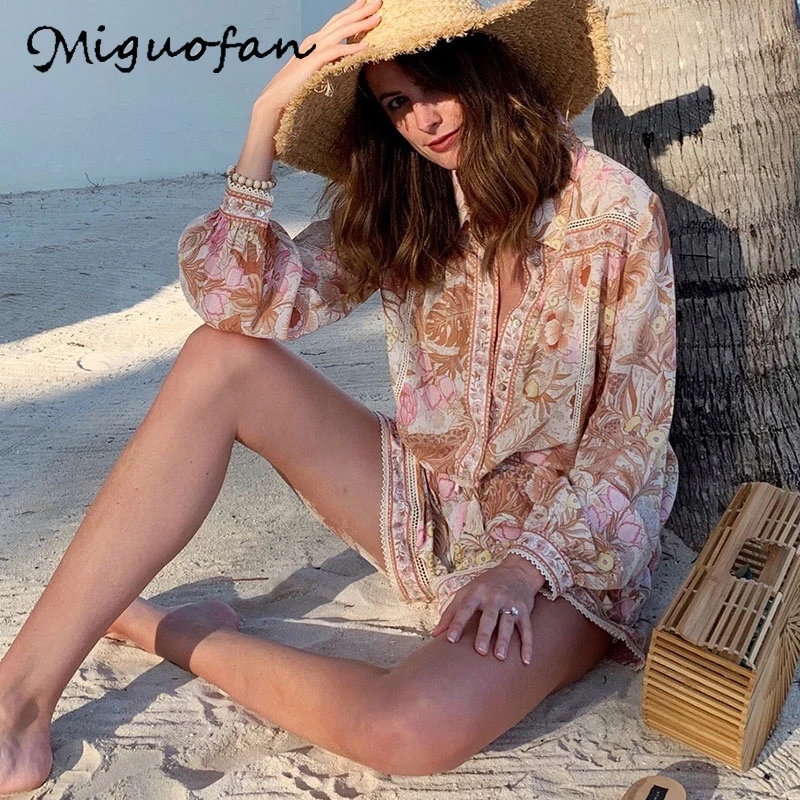Женская блузка с цветочным принтом Miguofan розовая длинным рукавом и кнопками в