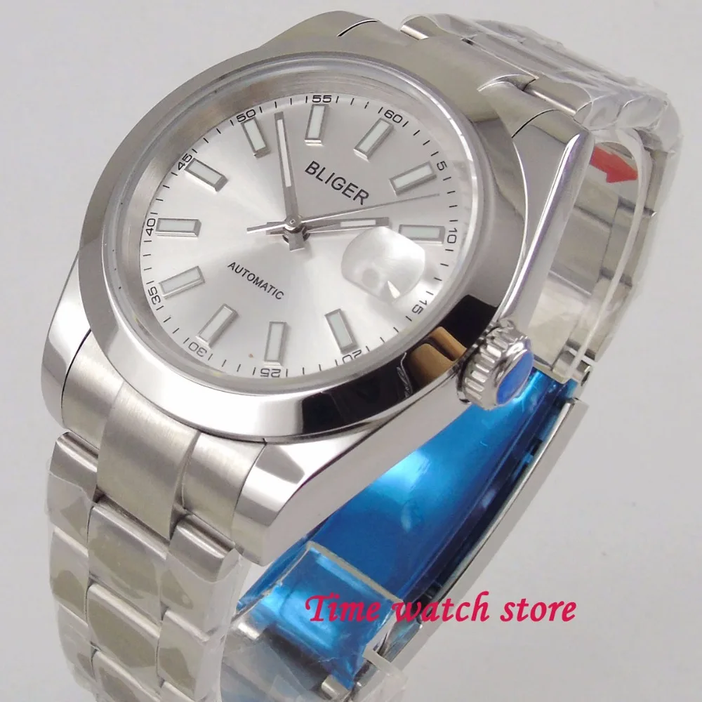 

Bliger 40 мм MIYOTA серебряный циферблат светящиеся наручные мужские часы saphire стекло Дата полированная рамка 162