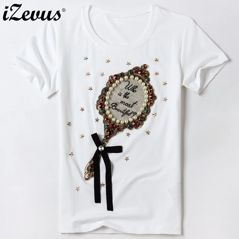 IZEVUS летняя новая футболка с жемчугом Женская Европейская мода коротким рукавом и