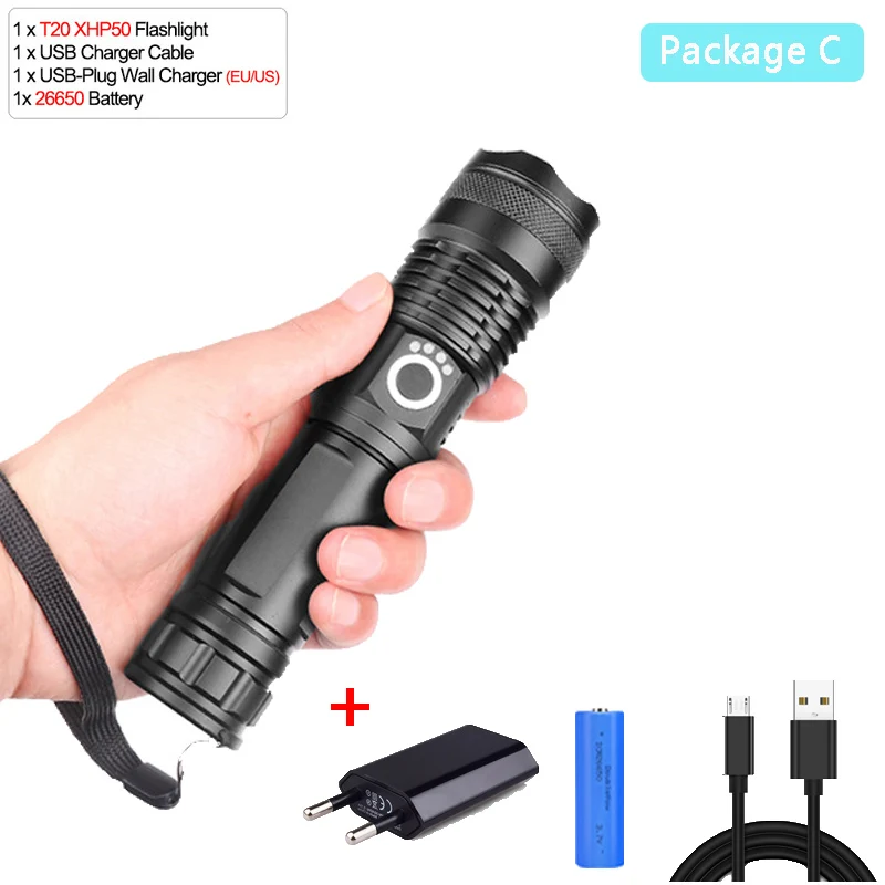 Package C Самая мощная лампа xhp70.2 самый мощный фонарик usb Zoom СВЕТОДИОДНЫЙ Фонарь xhp70 xhp50 18650 или 26650 батарея Лучший Отдых на природе - Испускаемый цвет: Package C