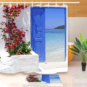 red flower blue greek door with a sea view on island shower curtain with bathroom mat set waterproof fabric for bathtub decor free global shipping