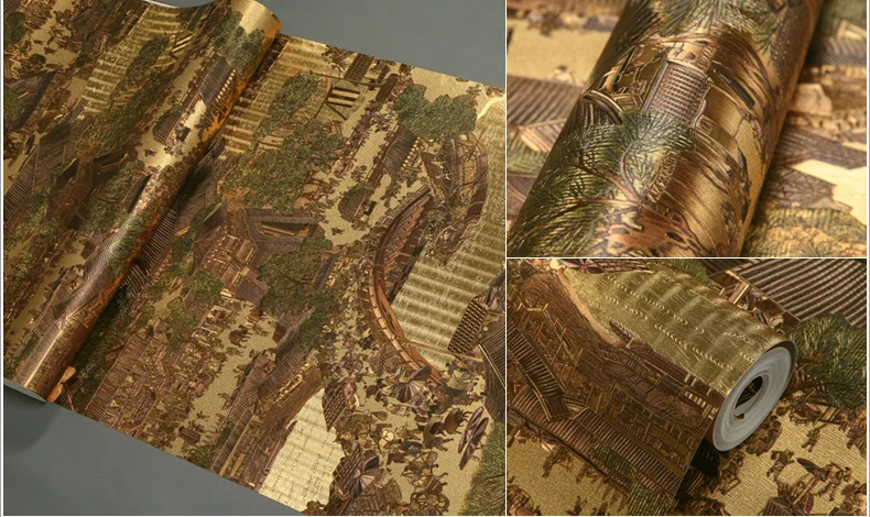 Роскошная золотая настенная бумага с глубоким тиснением ресторанный в китайском