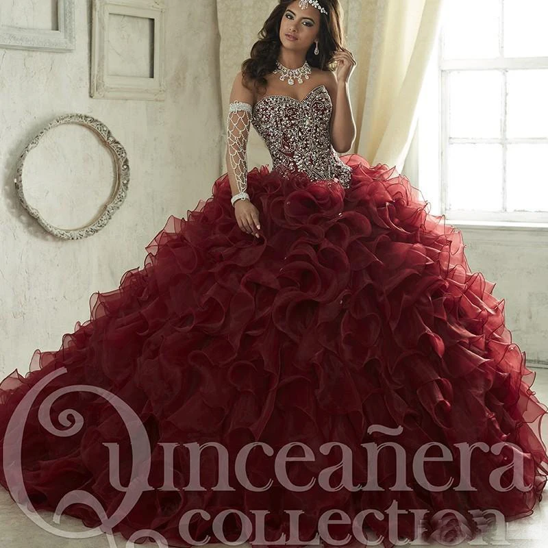 Пышное Платье Maroon Quinceanera роскошный корсет с кристаллами 16 маскарадных платьев со