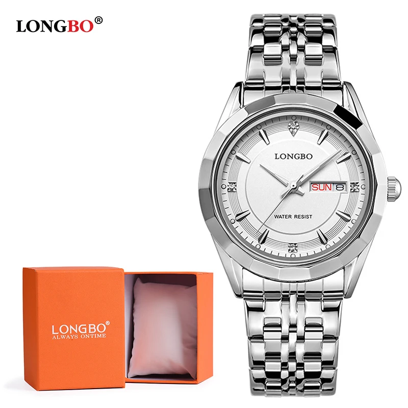 LONGBO Relogio Masculino, роскошный бренд, полностью из нержавеющей стали, аналоговый дисплей, дата, кварцевые часы, деловые часы для мужчин и женщин, часы 80164 - Цвет: Men White with box