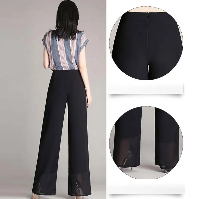 New Arrival European Style Plus Size 4XL Women Trousers Casual Loose Chiffon Long Pants Black Wide Leg pants female