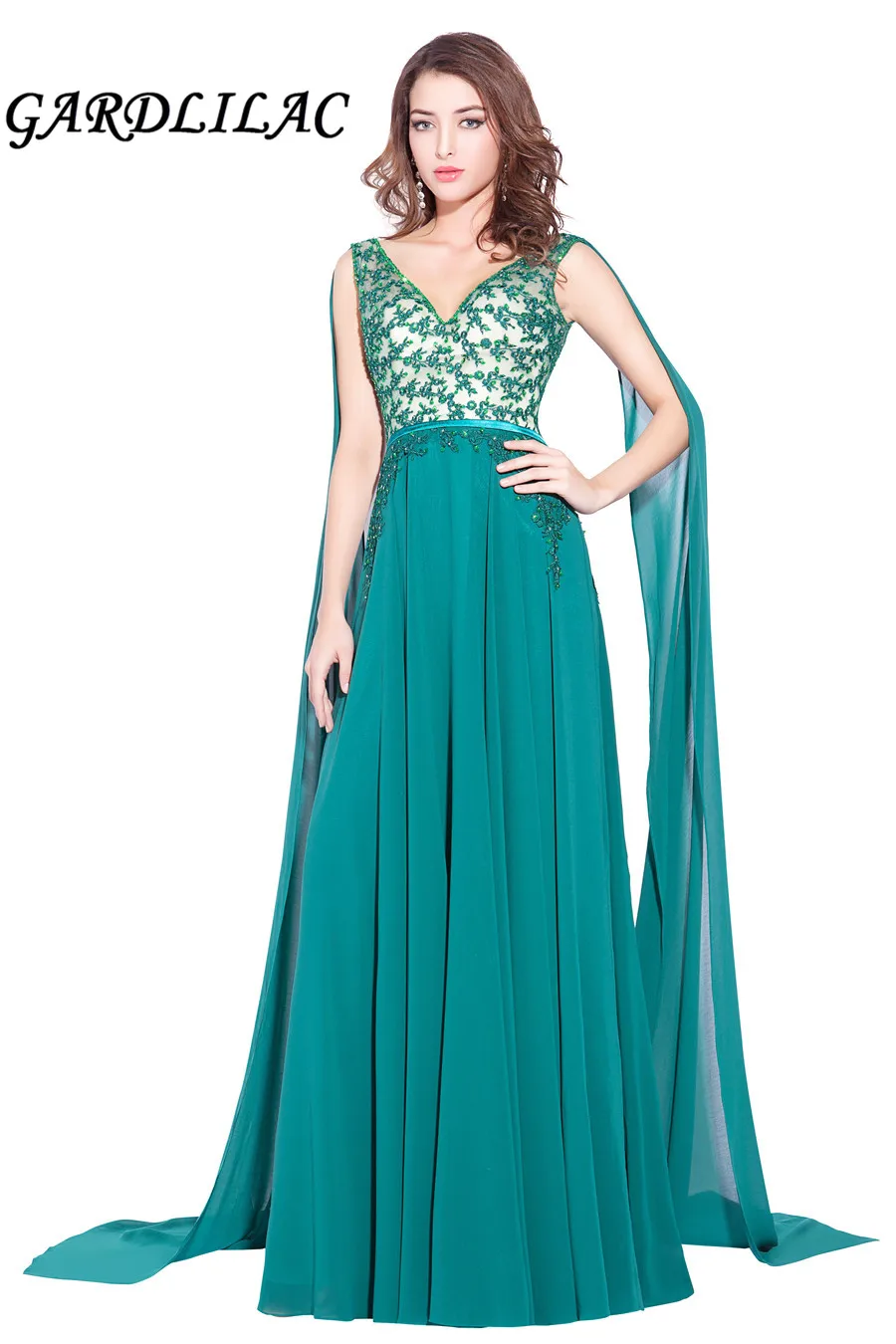 chiffon applique beading v-neck green long evening dress with straps formal party vestidolongo | Свадьбы и торжества