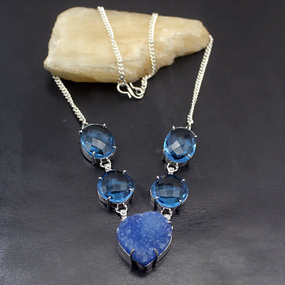 Ожерелье-цепочка серебряного цвета Hermosa с натуральным BlueDruzy ShinyTopaz 17 5 дюйма A351