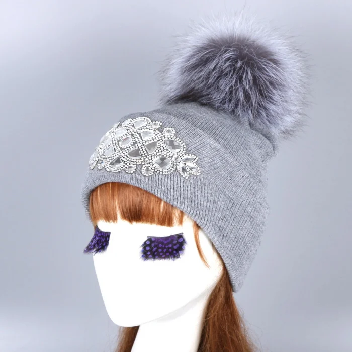 fox pompom Шапка с помпонами из меха норки и лисы, зимняя женская шапка, вязаная шерстяная шапка для девочек, хлопковые шапки, новые брендовые толстые женские шапки - Цвет: fox pompom