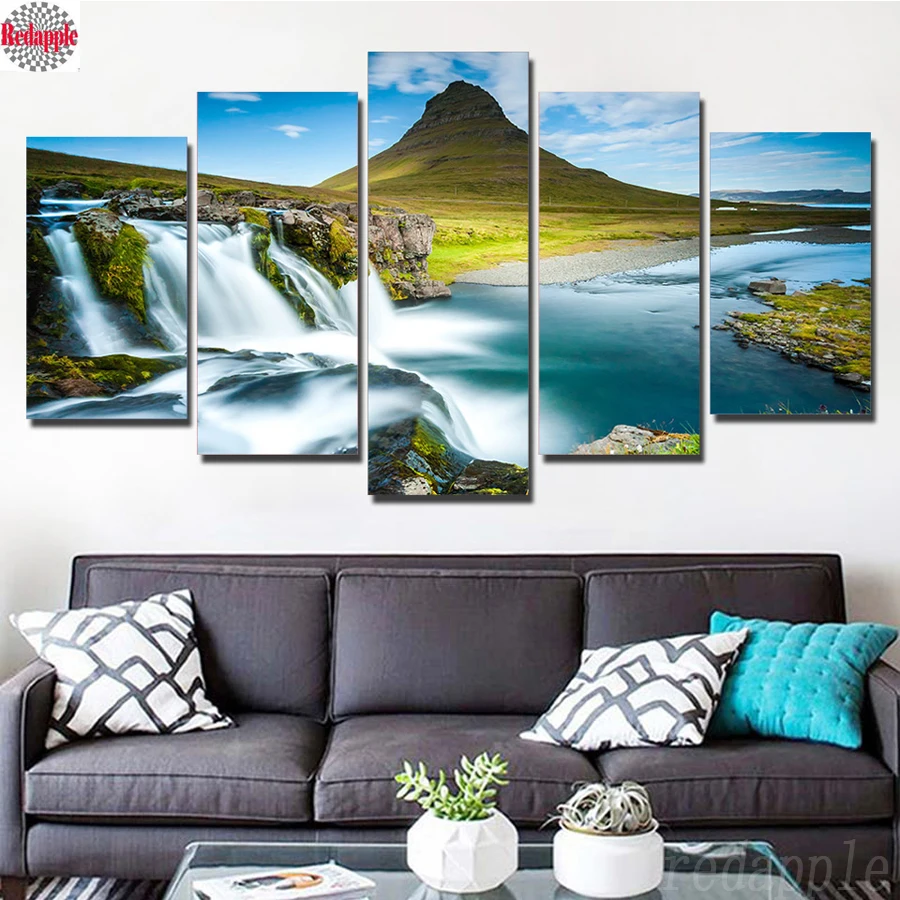 

Iceland Waterfall River Hills DIY Diamond Embroidery Mosaic Painting landscape Rhinestone 5d Cross Stitch 5 Pieces Wall Pictures