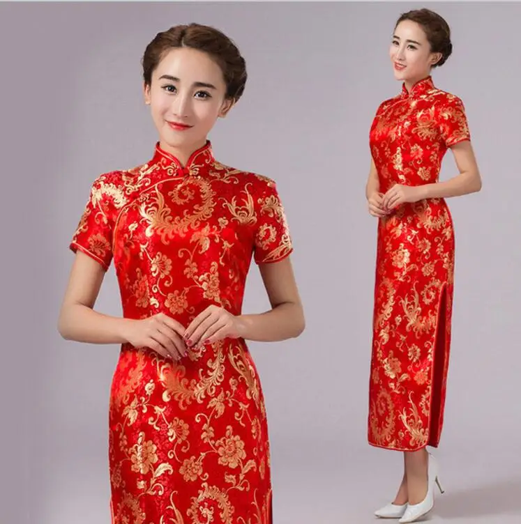 

Multicolor Women Chinese Long Cheongsam Dress Qipao for Women Lady Vestido Short Sleeve Long Dress