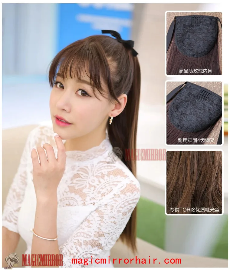 Synthetic hair Clip in Silk Ribbon ponytail piece lady's fashion straight riband ponytails extension heat resistance fibre |