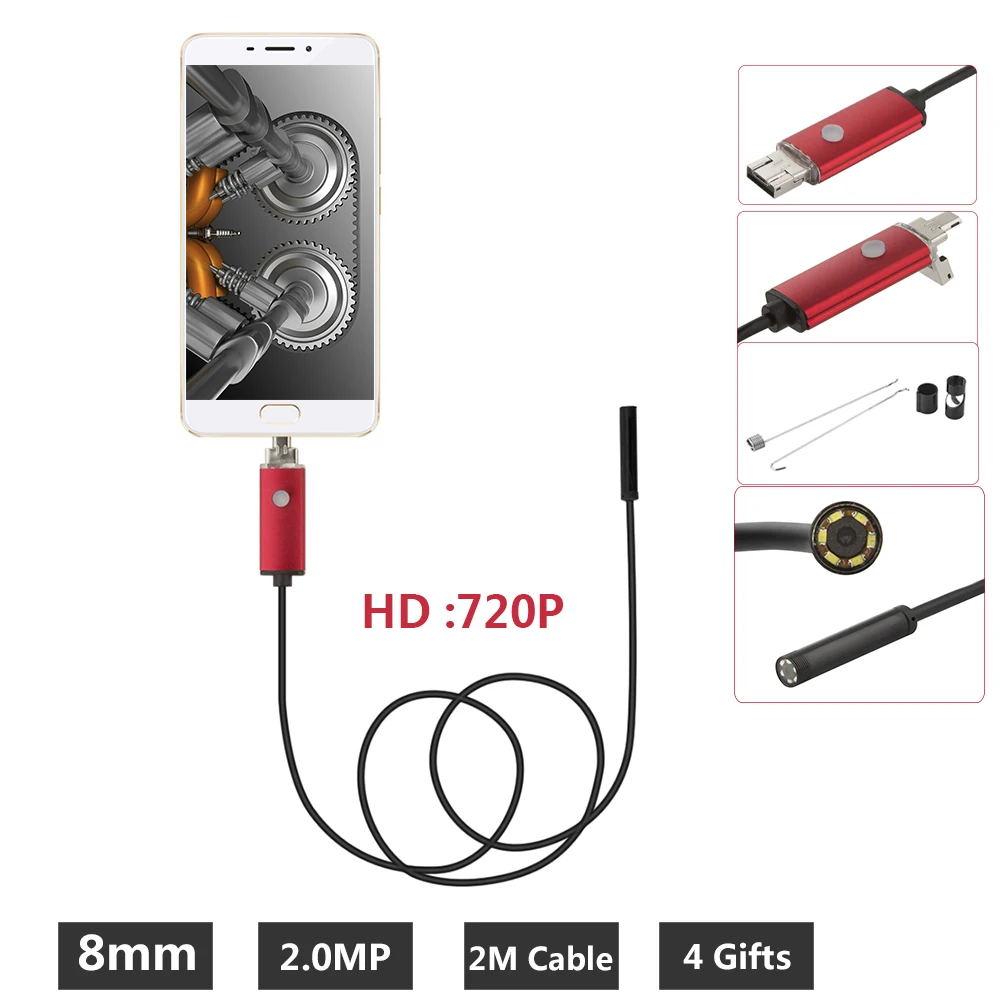 Эндоскоп 2 в 1 ПК USB Android камера 8 мм объектив 2/5/10 м IP67 Водонепроницаемый Бороскоп