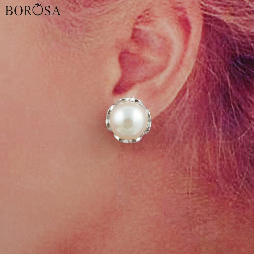 

BOROSA 5/10Pairs Boho 92.5% Pure Silver Color 15x15mm Double Pearl Stud Earrings Round Pearl Earrings Jewelry for Women WX1157