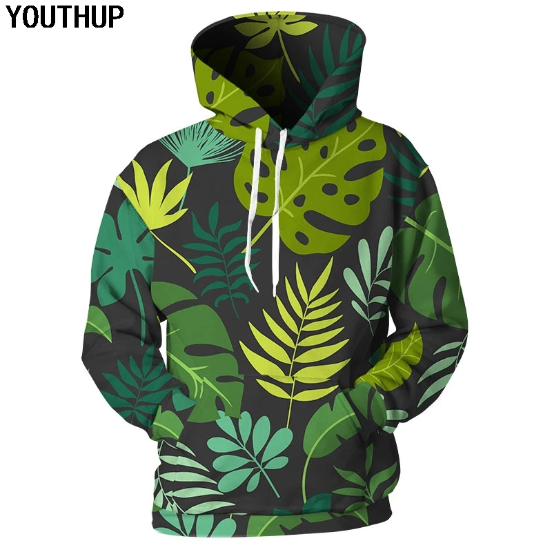 Мужские и женские толстовки YOUTHUP 2020 зеленые с капюшоном 3d принтом листьев Harajuku 3D