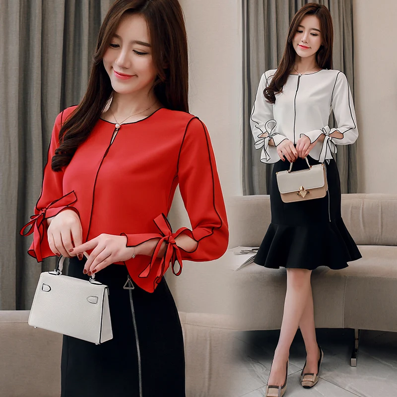 

Korean moda feminina blusas spring Women's Clothing chiffon flare sleeve tops bow blouses o-neck long sleeve shirts fashion new
