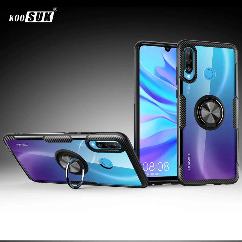Чехол для huawei P30 Lite, Роскошный прозрачный чехол из поликарбоната+ углеродного волокна, кольцо с полной защитой, чехол для huawei P30, чехол
