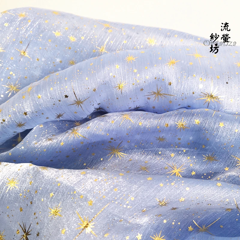 Синий/красный органза Ткань Золотая звезда узор для изготовления куклы Бобби