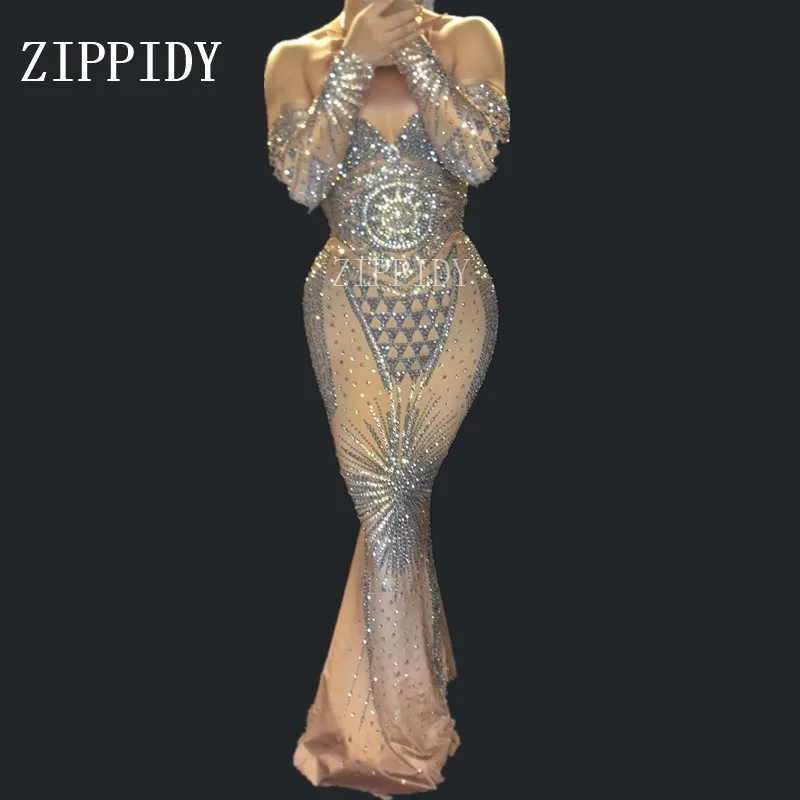 

Super Sparkly Rhinestone Long Dress Sexy Silver Glisten Crystals Costume Evening Birthday Celebrate Dress Wear Luxurious Outfit