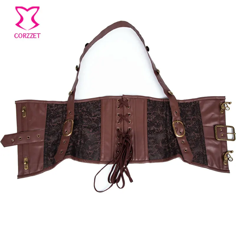 Коричневый кожаный и парчовый корсет с лямкой на шее для похудения талии мужчин