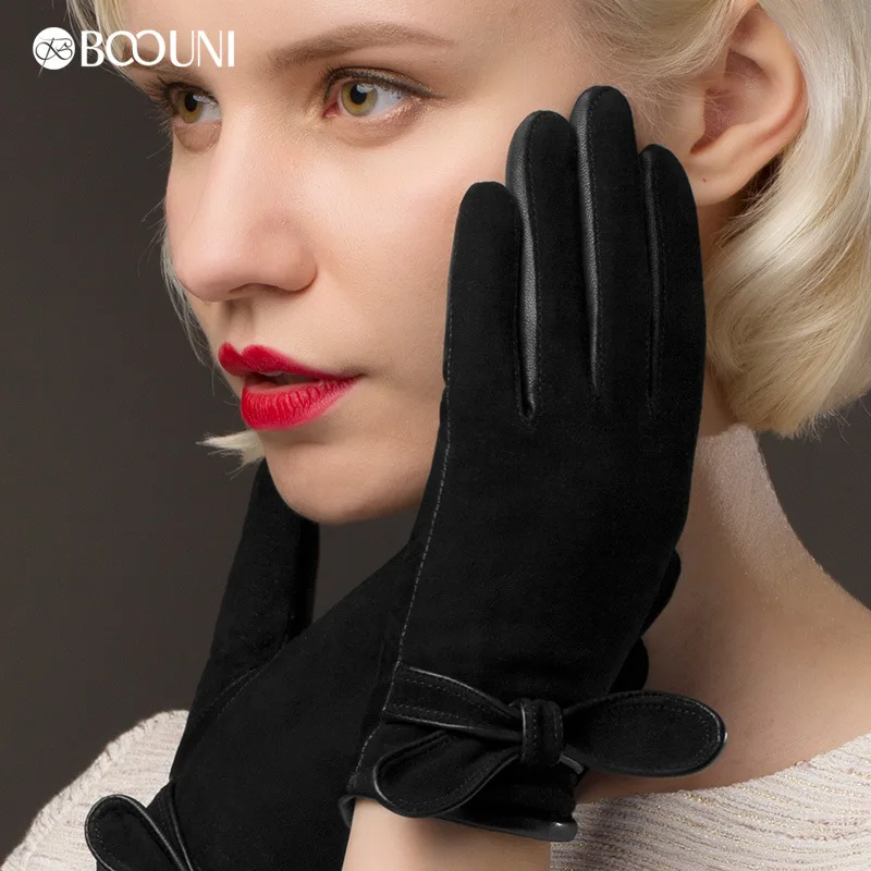 BOOUNI перчатки из натуральной кожи женские модные черные замшевые перчатки из овчины Осень Зима плюс бархатные теплые перчатки для вождения NW511