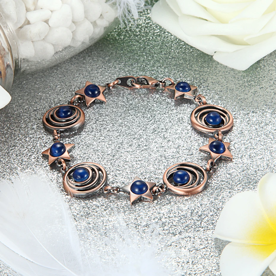 Женский браслет с Синим Опалом WelMag медный в форме кошачьего глаза магнитной