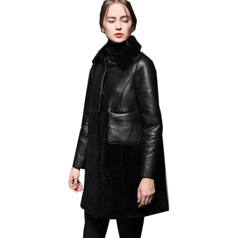 Warm Leather Clothing Ladies' Autumn Winter Medium Length Berber Fleece Splicing Genuine Leather Jacket Women Coat Outerwear