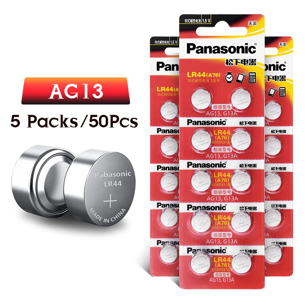 Panasonic 50 шт. 1,5 V A76 AG13 G13A LR44 LR1154 357A SR44 кнопочная ячейка Батарея lr44 литиевая Миниатюрный элемент питания