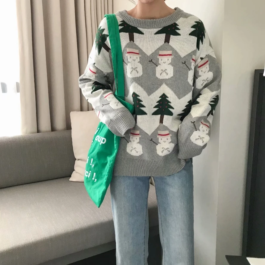 autumn 2019 winter clothes women sweaters harajuku korean fashion personality tree snowman red knitted christmas sweater | Женская
