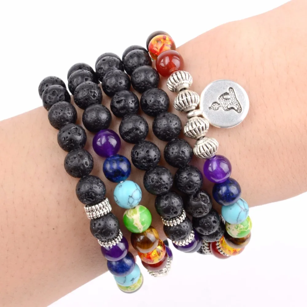 

Браслет Mala Beads 7 из 108 предметов, буддийские браслеты из Натуральной Черной Лавы для женщин и мужчин, ювелирные изделия для медитации, Прямая ...