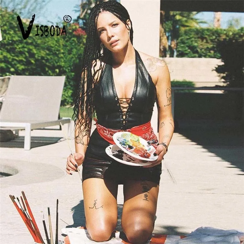 Женский сексуальный укороченный топ на бретелях черный жилет из искусственной