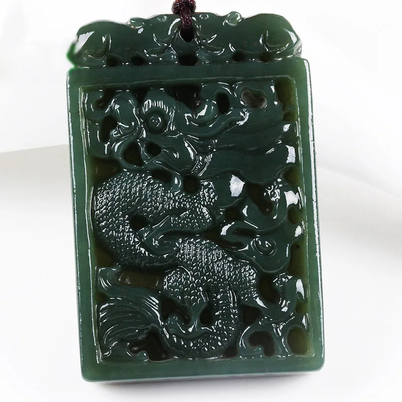 Натуральный темно-зеленый нефритовый кулон из нефрита резной китайский дракон