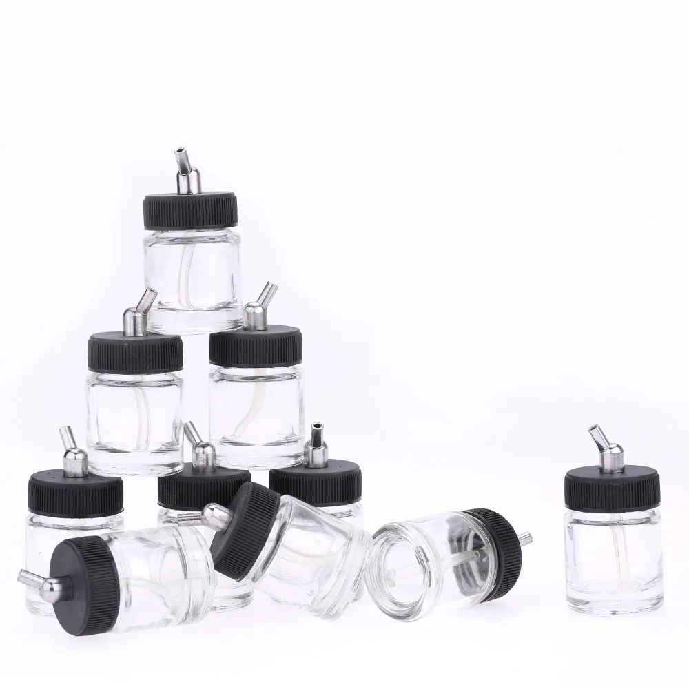 

10PCS Airbrush Glass Bottles Air Brush Bottle Jars with 30 Angle Adapter Lid Assembly Using on Dual-Action Airbrushes