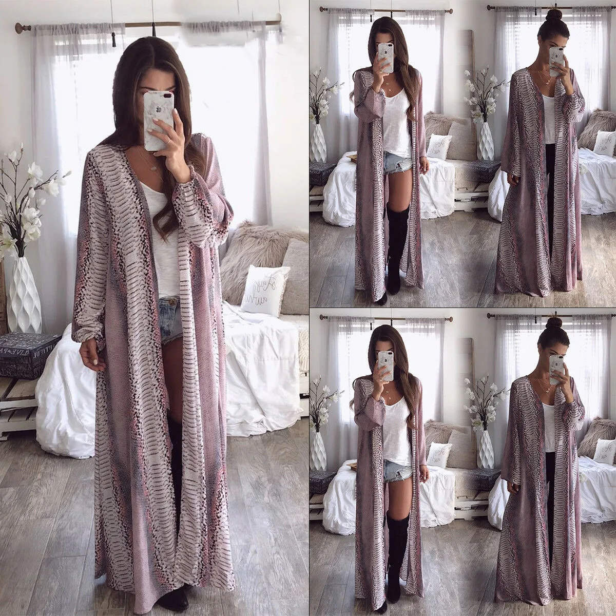 2019 Newest Womens Long Sleeve Snake Chiffon Cardigan Boho Outwear Jacket Coat Tops Gown | Женская одежда