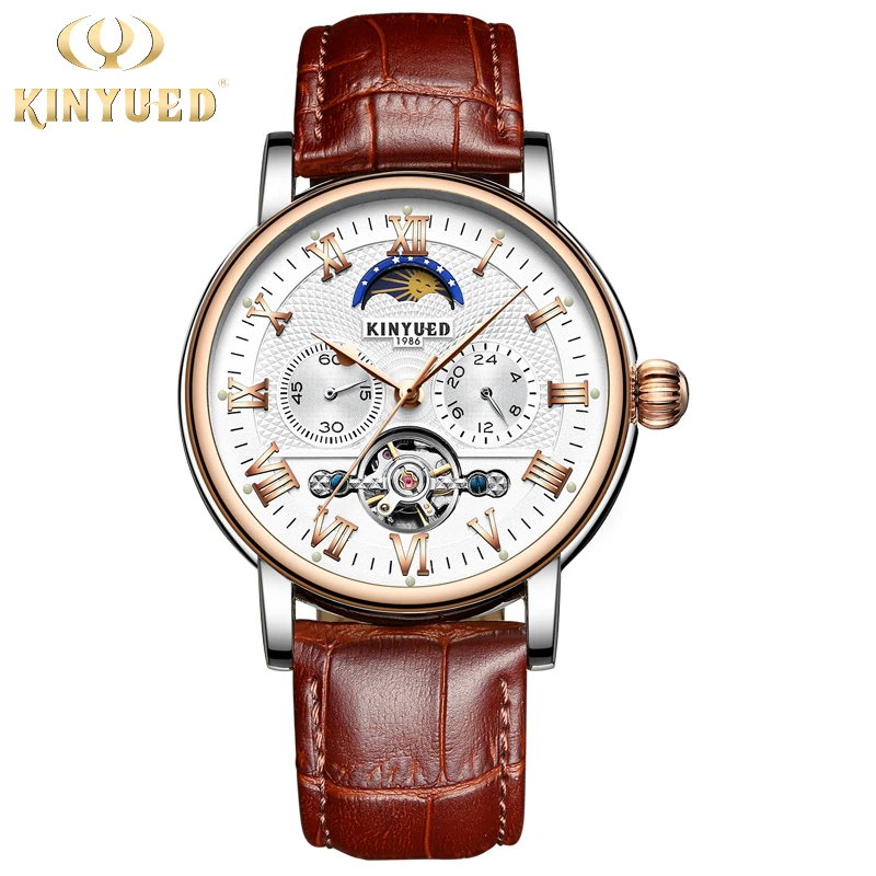 KINYUED Moon Phase Tourbillon мужские часы с скелетом автоматические механические
