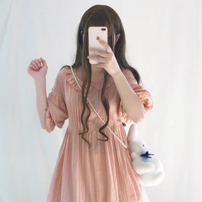 PINK DRESS Хлопковое платье лолиты с короткими рукавами и высокой талией; классические милые кружевные платья принцессы с бантом; маскарадные костюмы - Цвет: PINK DRESS